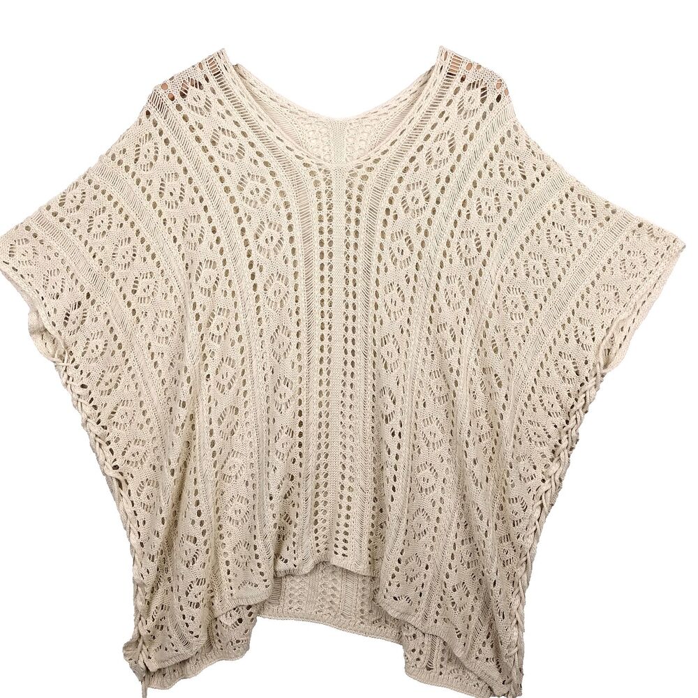 Women Crochet Popover Smock Beach Cover Up Top Loose Knit Cream Tassles Boho